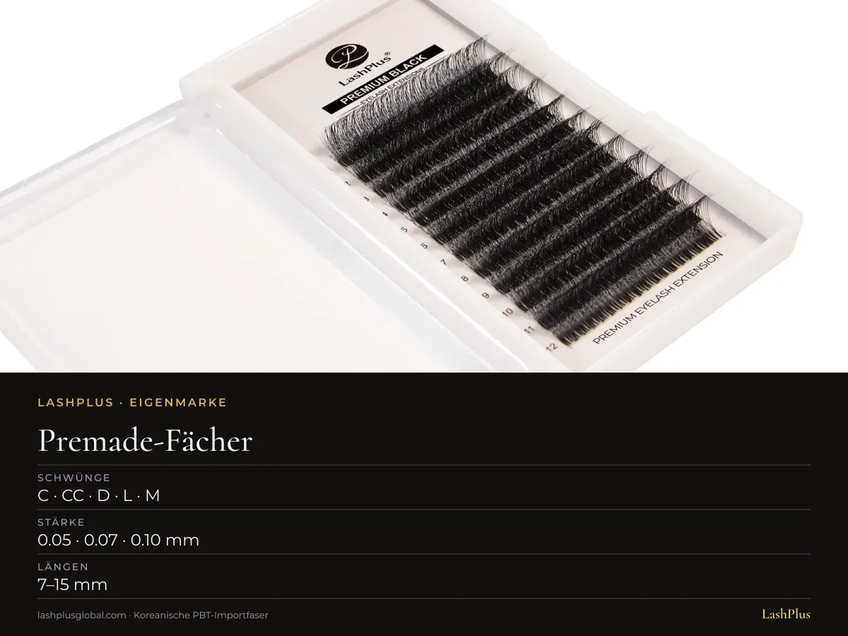 LashPlus Tray mit Premade-Volumenfächern: C · CC · D · L · M Curl, 0.05 · 0.07 · 0.10 mm, 7–15 mm