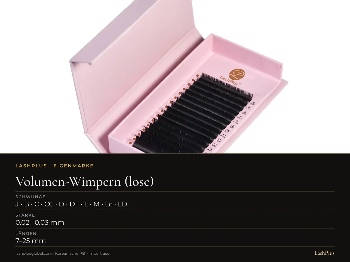LashPlus Tray mit losen Wimpern für Russisches Volumen, spitze Basis, zum Handfächern: J · B · C · CC · D · D+ · L · M · Lc · LD Curl, 7–25 mm