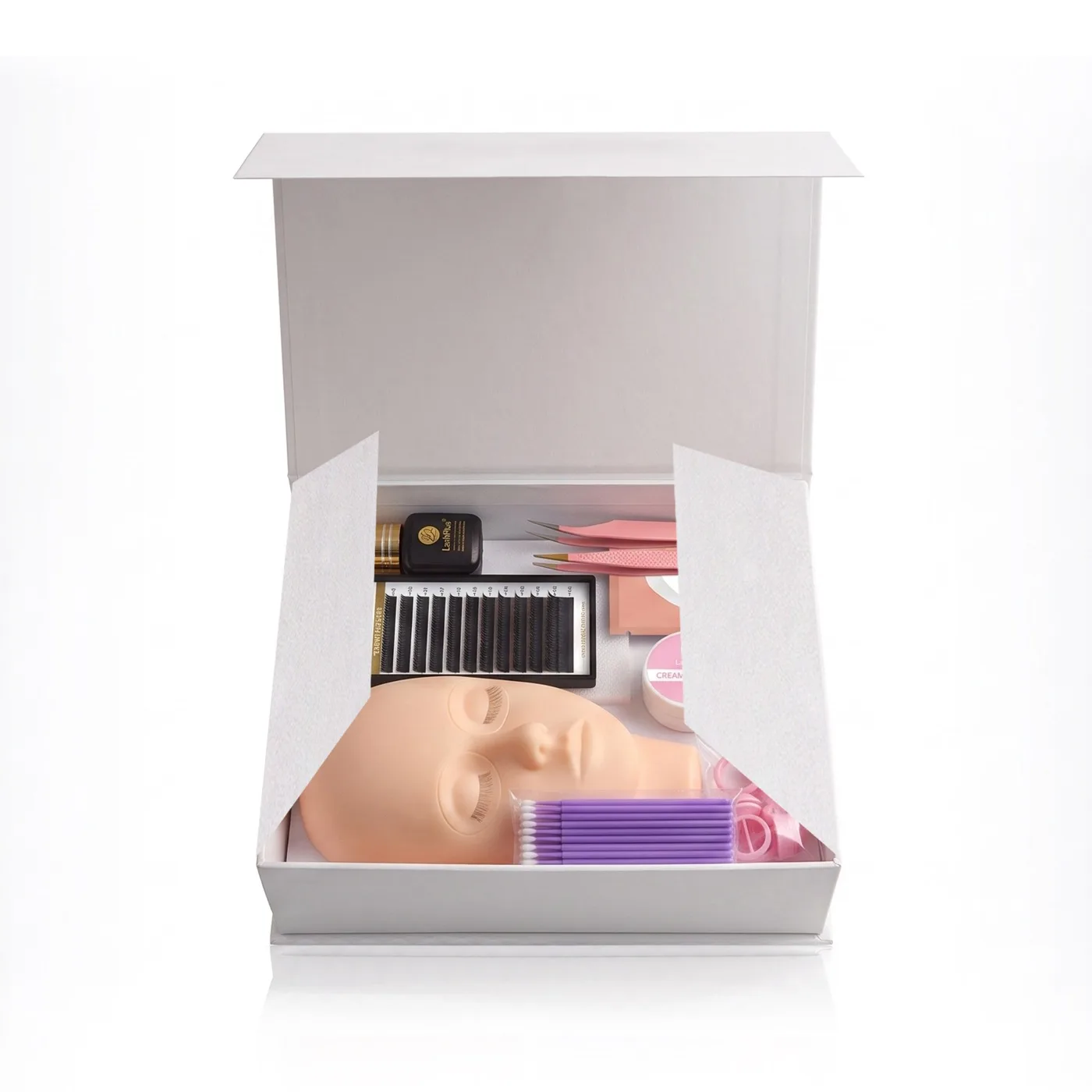 LashPlus Eigenmarken-Starter-Set für Wimpernverlängerung — Magnetbox mit Übungskopf, Pinzetten, Wimperntray, Kleber, Remover, Kleberring, Augenpads und Mikrobürstchen
